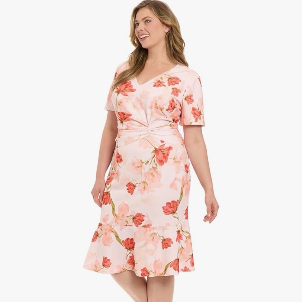 NEW London Times Floral Twist Front Midi Dress | Ivory Peach | Size 2